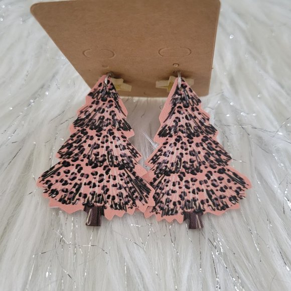 Leopard Print Christmas Tree Earrings - Picture 2 of 6